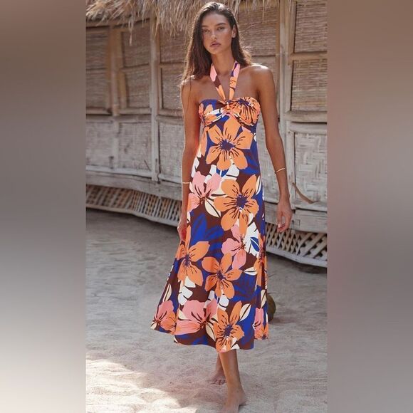 PRINTED HALTER NECK MIDI CAMI DRESS Size Large - Picture 1 of 2